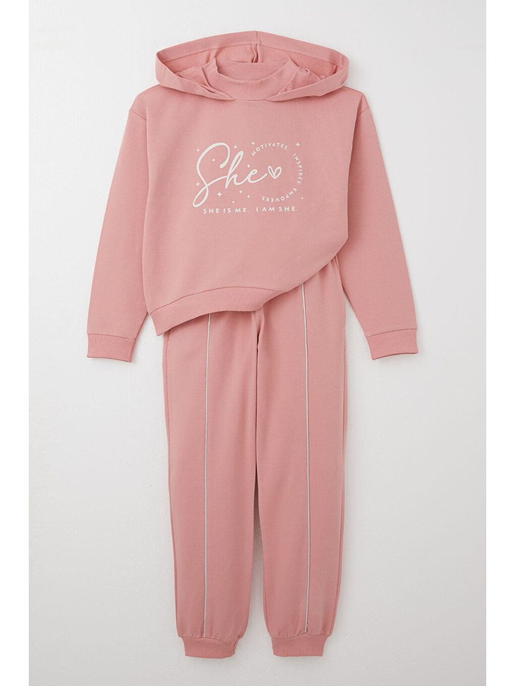 Pembe Kız Çoçuk Eşofman Takım Balıkçı Yaka Kapüşonlu Gülkurusu (8-14 Yaş)