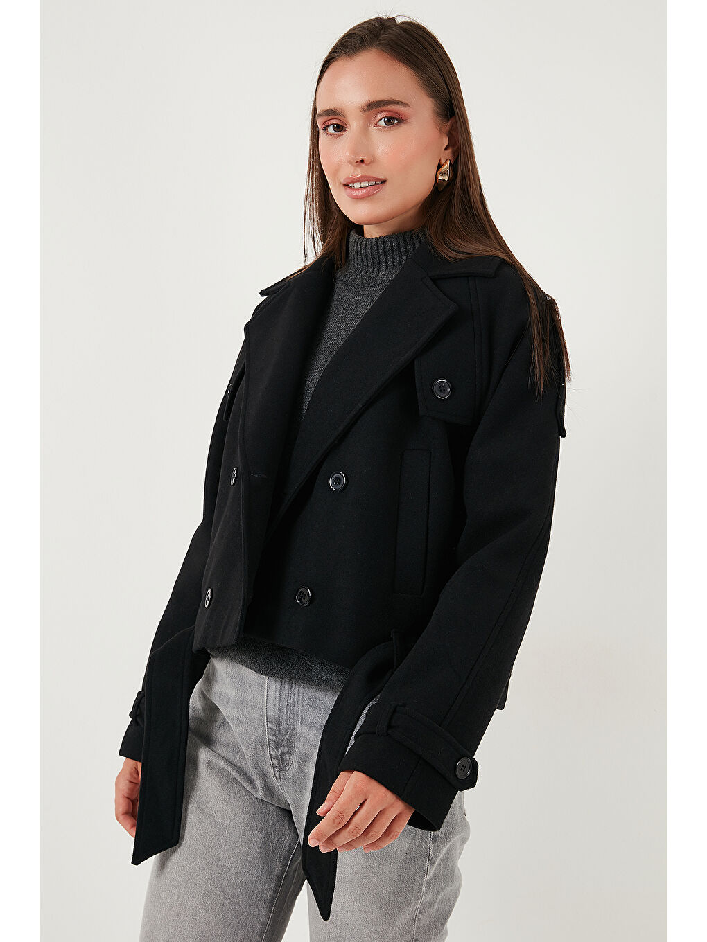 Siyah Pamuklu Regular Fit Yumuşak Dokulu Kaşe Kısa Kaban 6810286-3