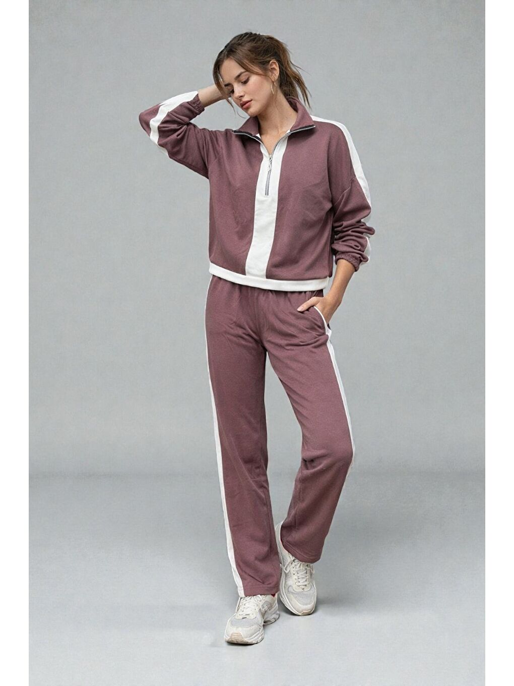 Bej Modal Kumaş Yarım Fermuarlı Şeritli Eşofman Takımı Vizon-2