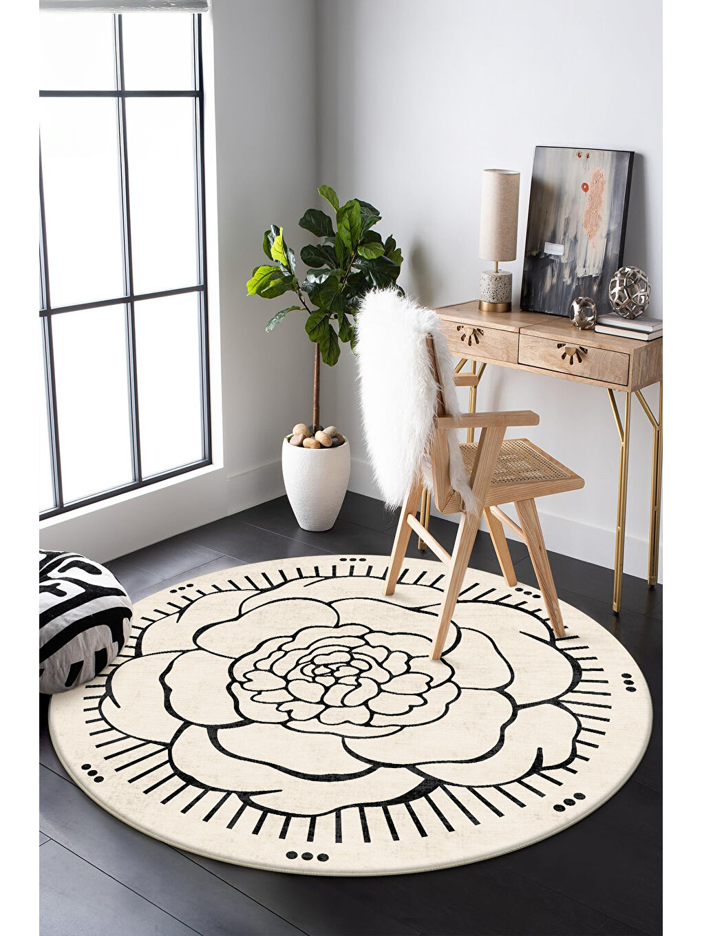 Ekru Dekoratif Salon Halısı, Makinada Yıkanabilir, Kaymaz Taban, İnce & Modern Tasarım-4