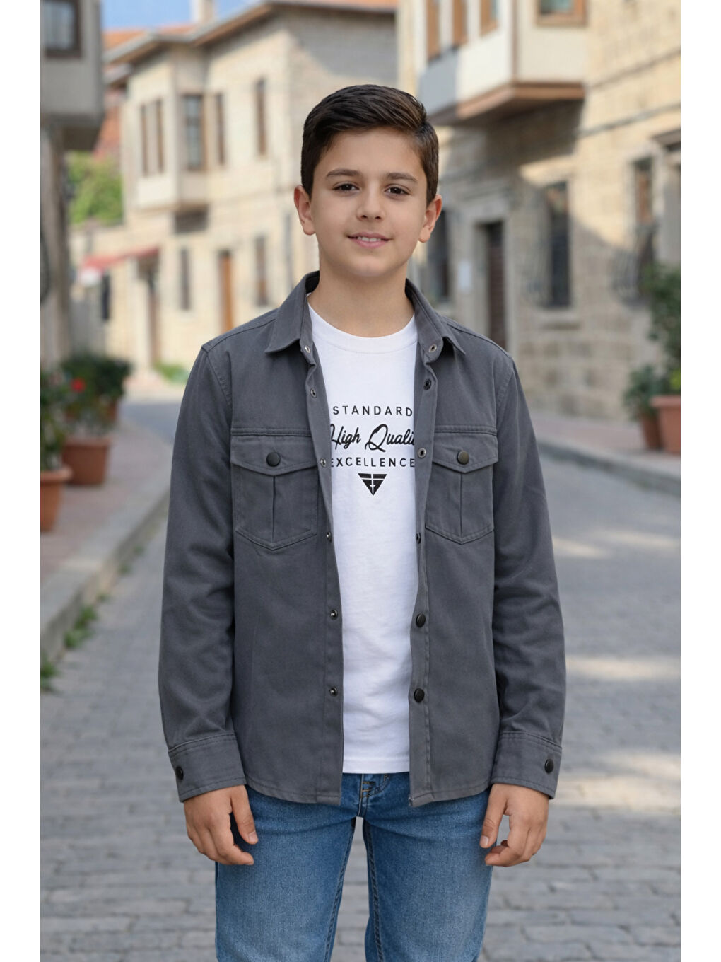 Gri Erkek Çocuk Çıtçıtlı Gömlek Tişört Üst Takım