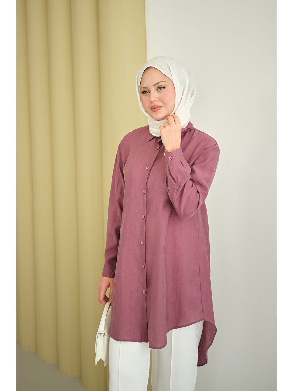 Pembe Kadın Basic Uzun Gömlek Gül Kurusu-2