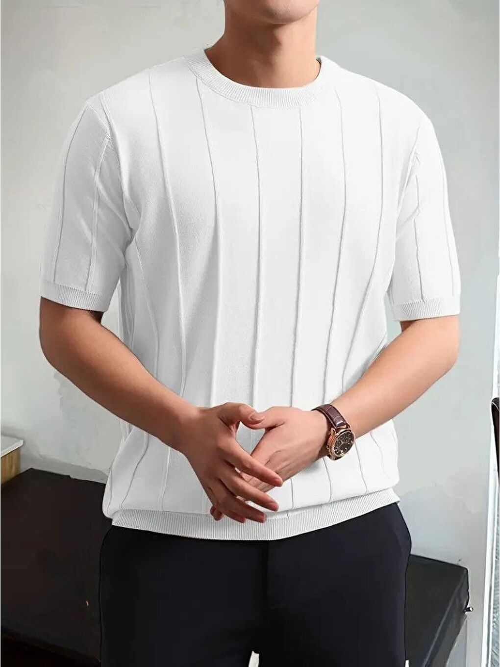 Beyaz Erkek Kısa Kollu Bisiklet Yaka çizgili Triko Tshirt-3