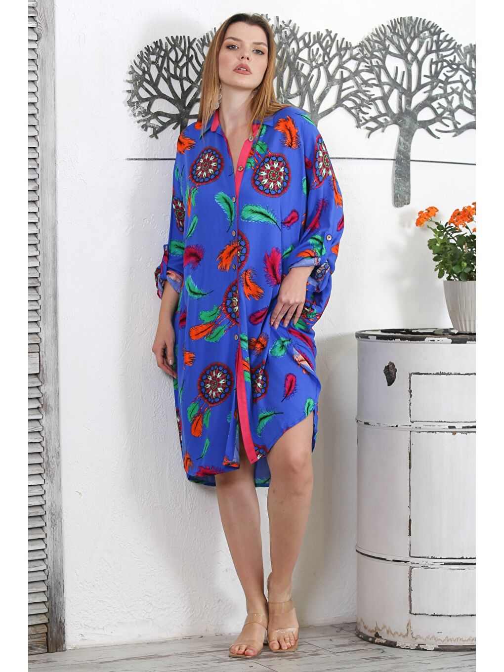 Koyu Mavi Gömlek Yaka Uzun Kol Düğmeli Gizli Cepli Allover Baskılı Dokuma Casual Elbise