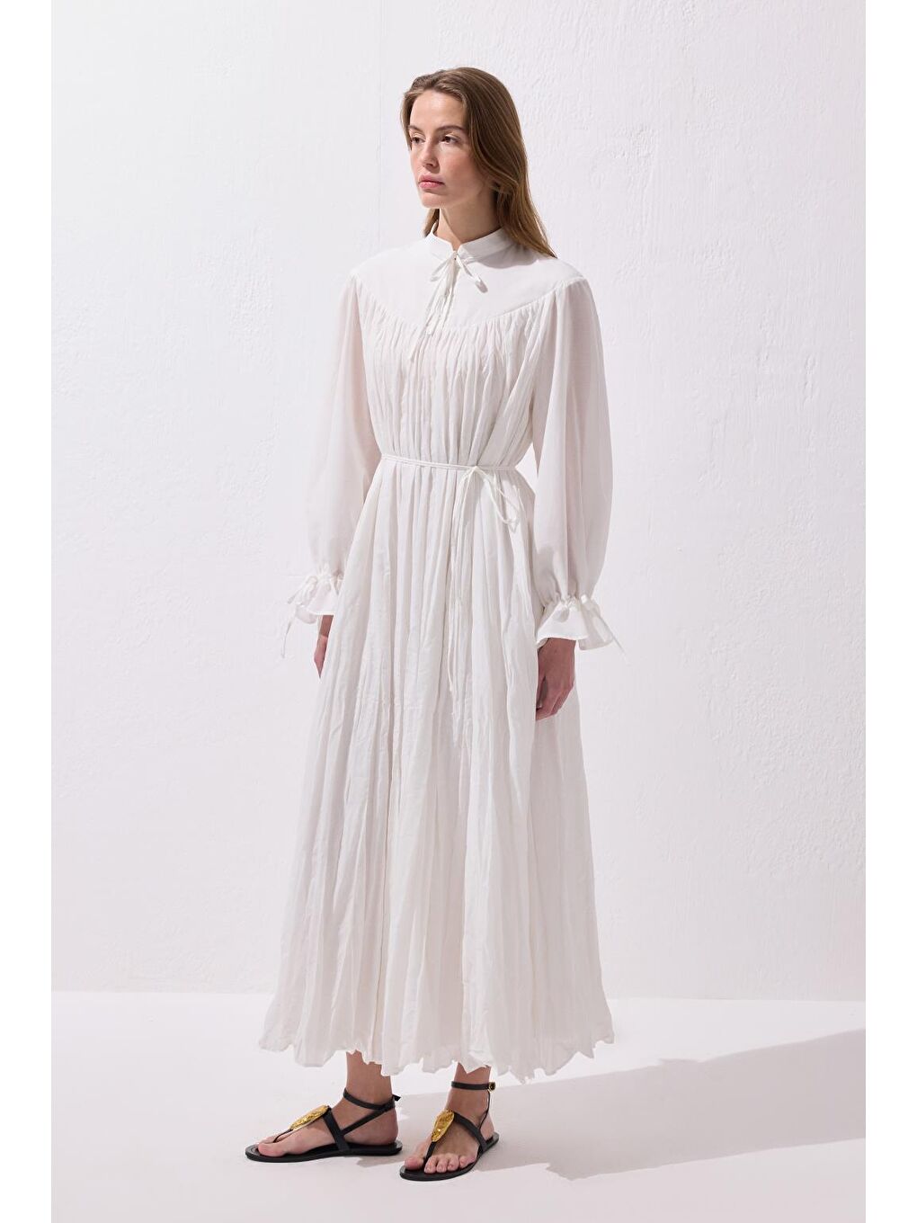 Odri Vual Kraş Uzun Elbise Ekru