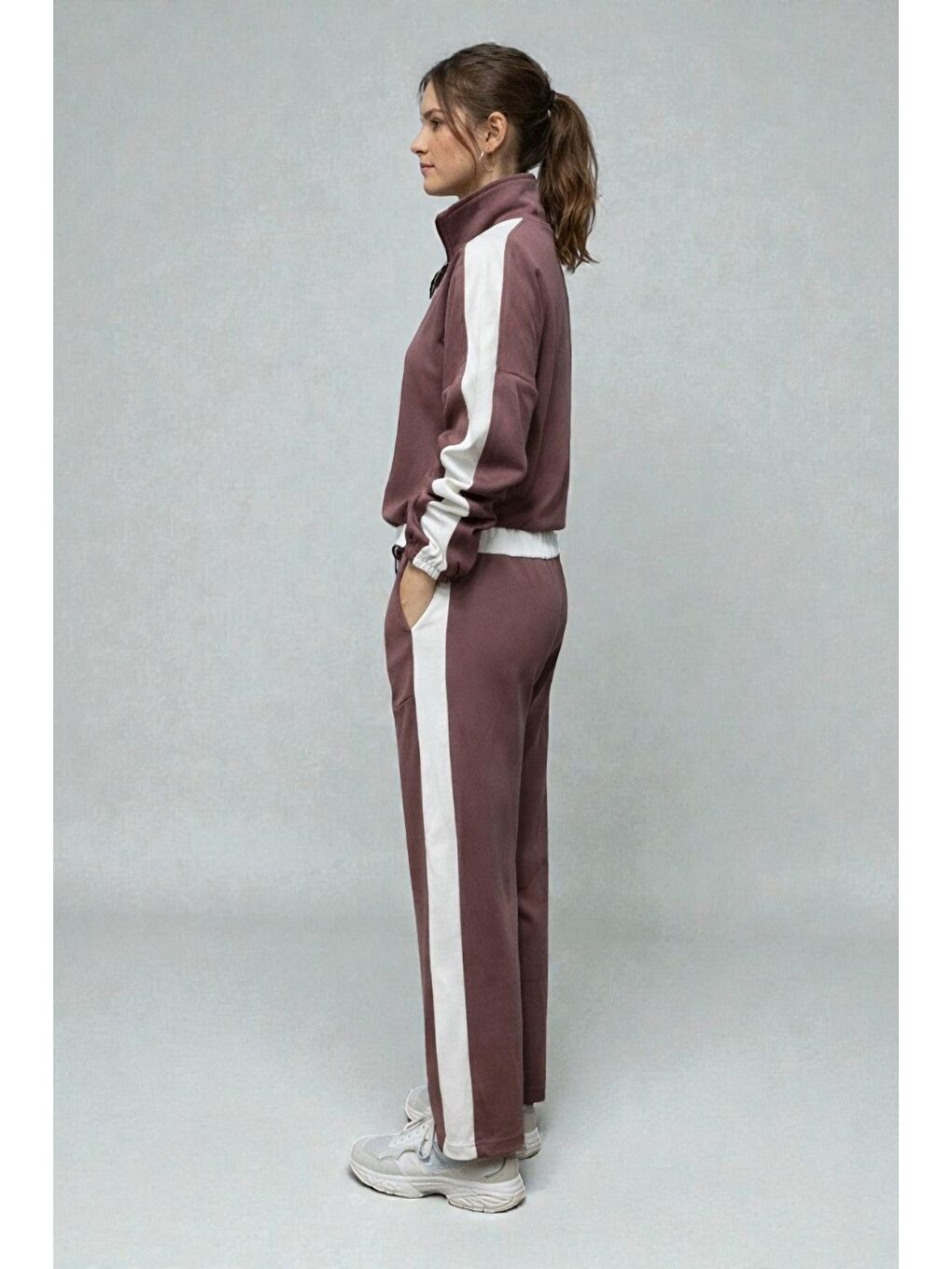 Bej Modal Kumaş Yarım Fermuarlı Şeritli Eşofman Takımı Vizon-3