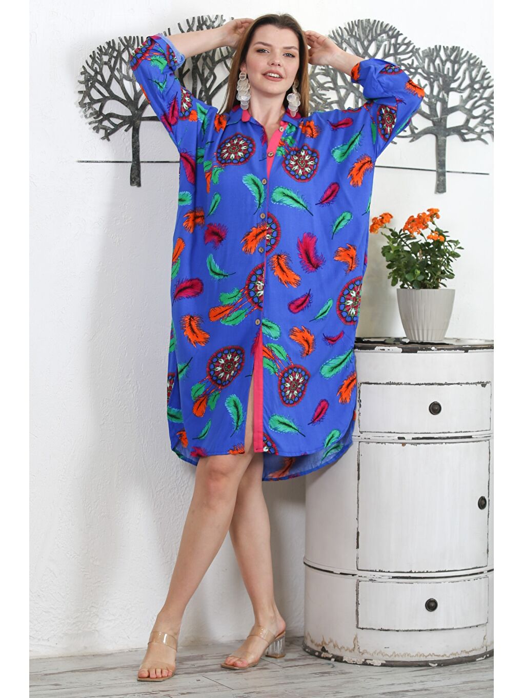 Koyu Mavi Gömlek Yaka Uzun Kol Düğmeli Gizli Cepli Allover Baskılı Dokuma Casual Elbise-2