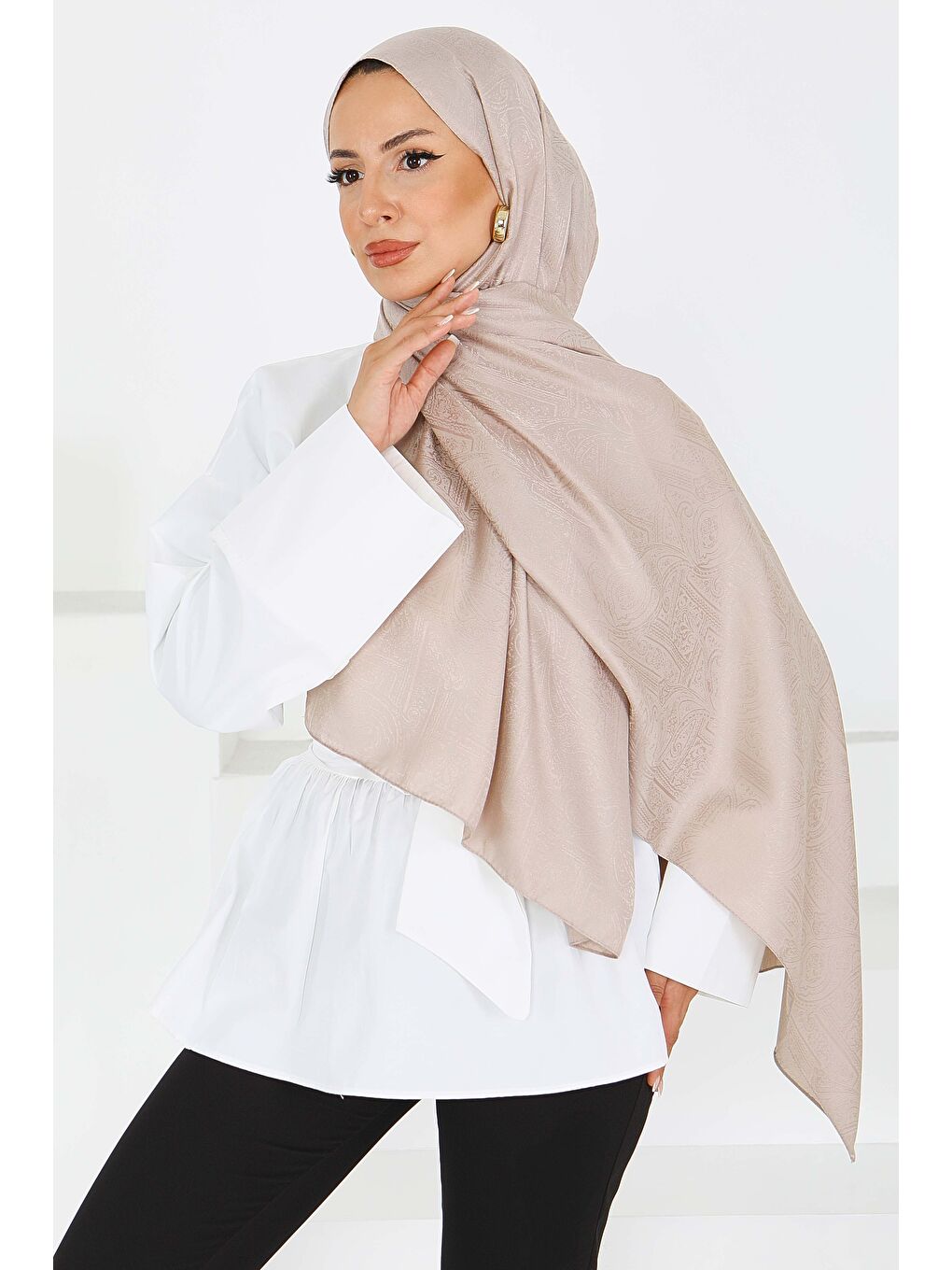 Bej Etnik Monagram Şal Vizon - 27592-2