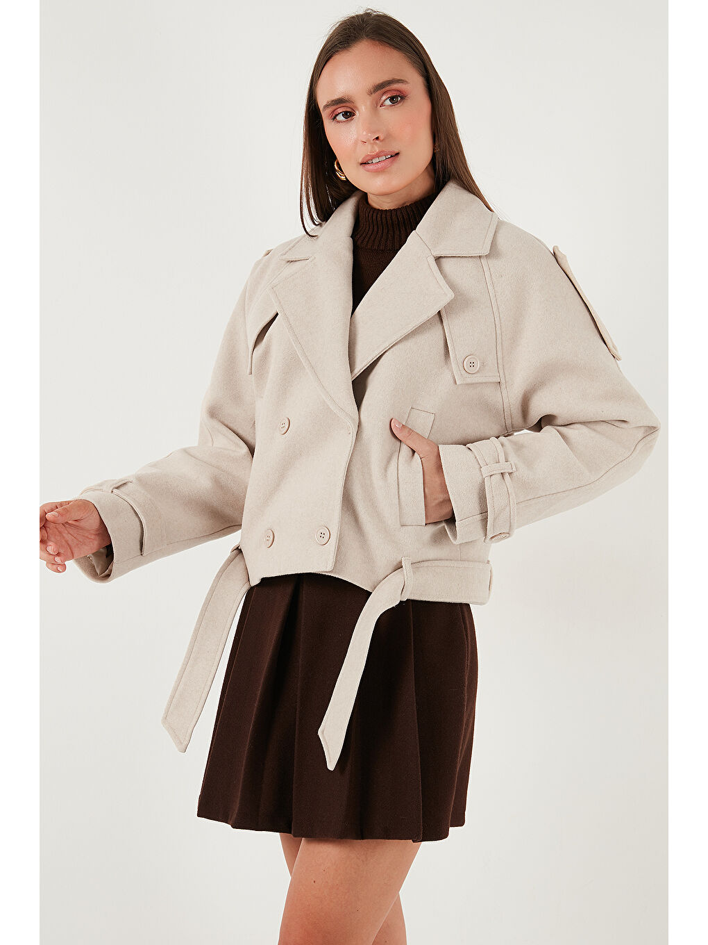 Bej Pamuklu Regular Fit Yumuşak Dokulu Kaşe Kısa Kaban 6810286-2