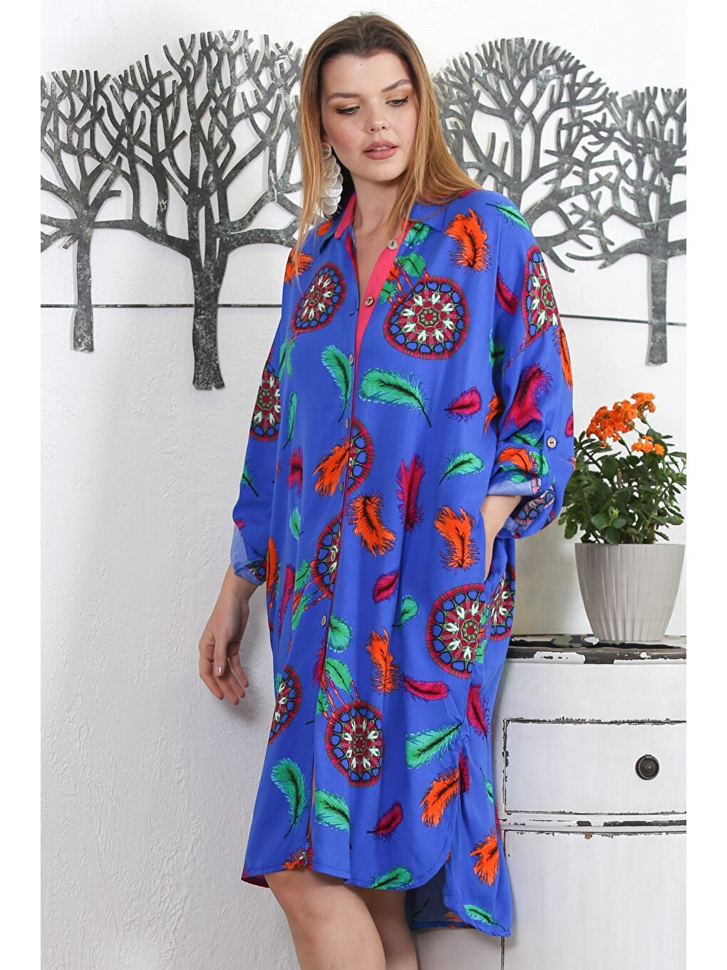 Koyu Mavi Gömlek Yaka Uzun Kol Düğmeli Gizli Cepli Allover Baskılı Dokuma Casual Elbise-3