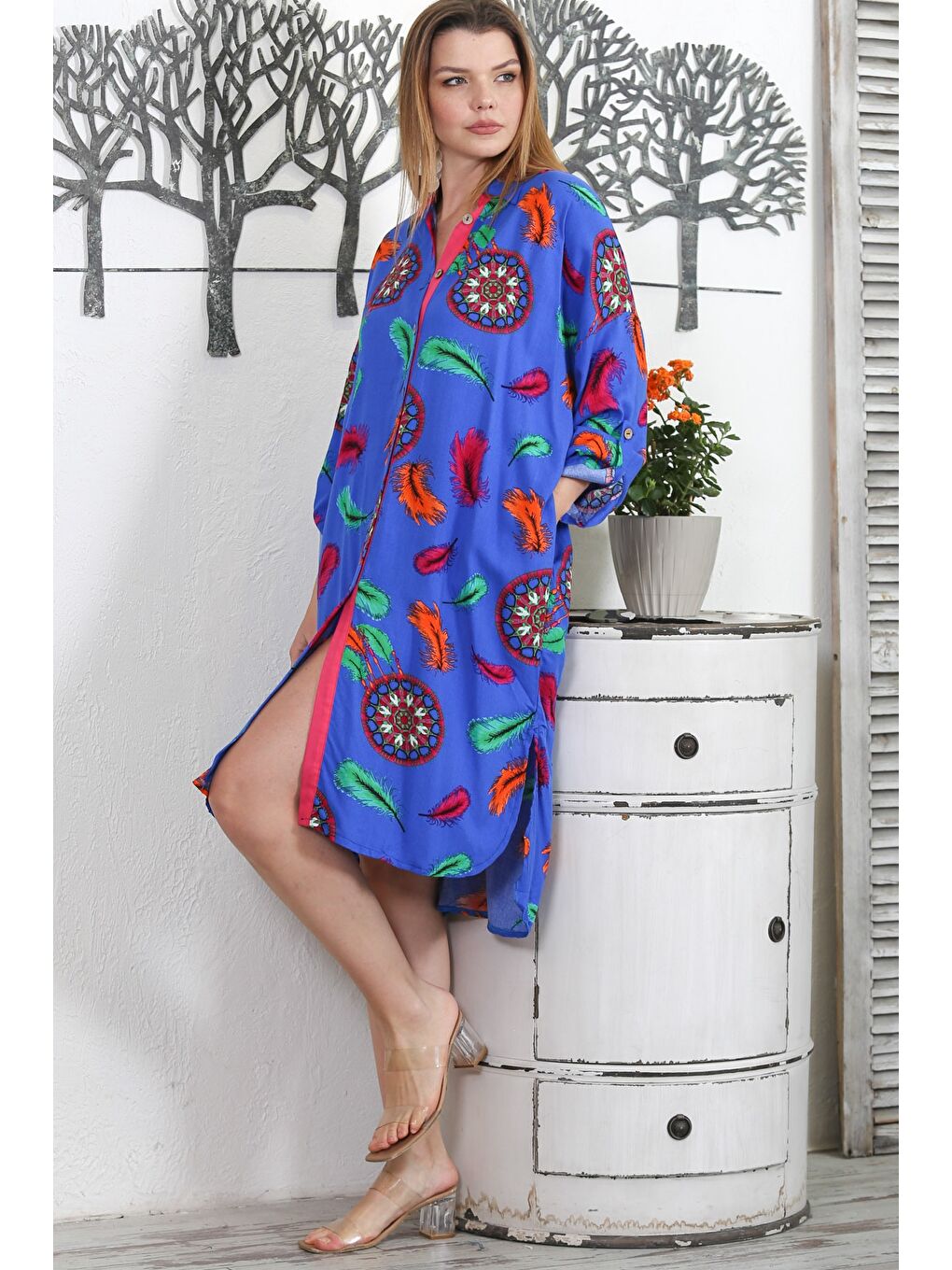 Koyu Mavi Gömlek Yaka Uzun Kol Düğmeli Gizli Cepli Allover Baskılı Dokuma Casual Elbise-4