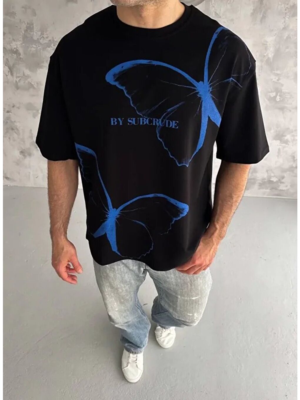 Unisex Bisiklet Yaka Baskılı Oversize T-Shirt - Siyah-1