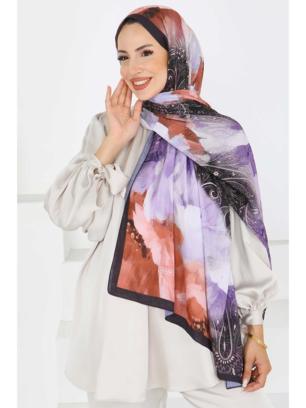 Kıraş Büyük Çiçek Desenli Şal Lila - 27621