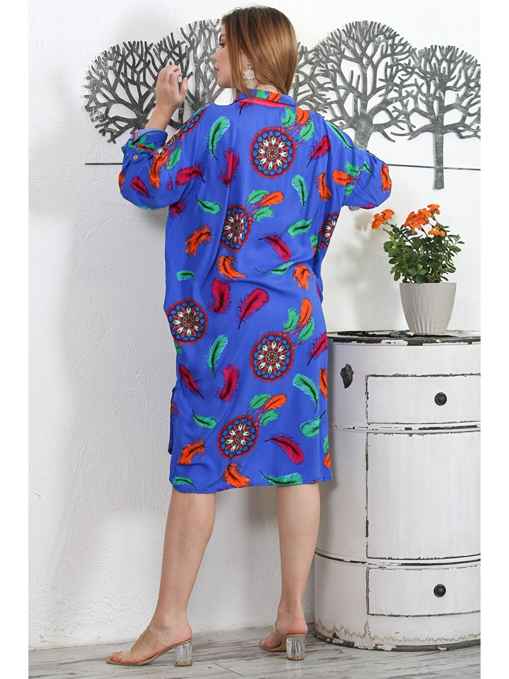 Koyu Mavi Gömlek Yaka Uzun Kol Düğmeli Gizli Cepli Allover Baskılı Dokuma Casual Elbise-5