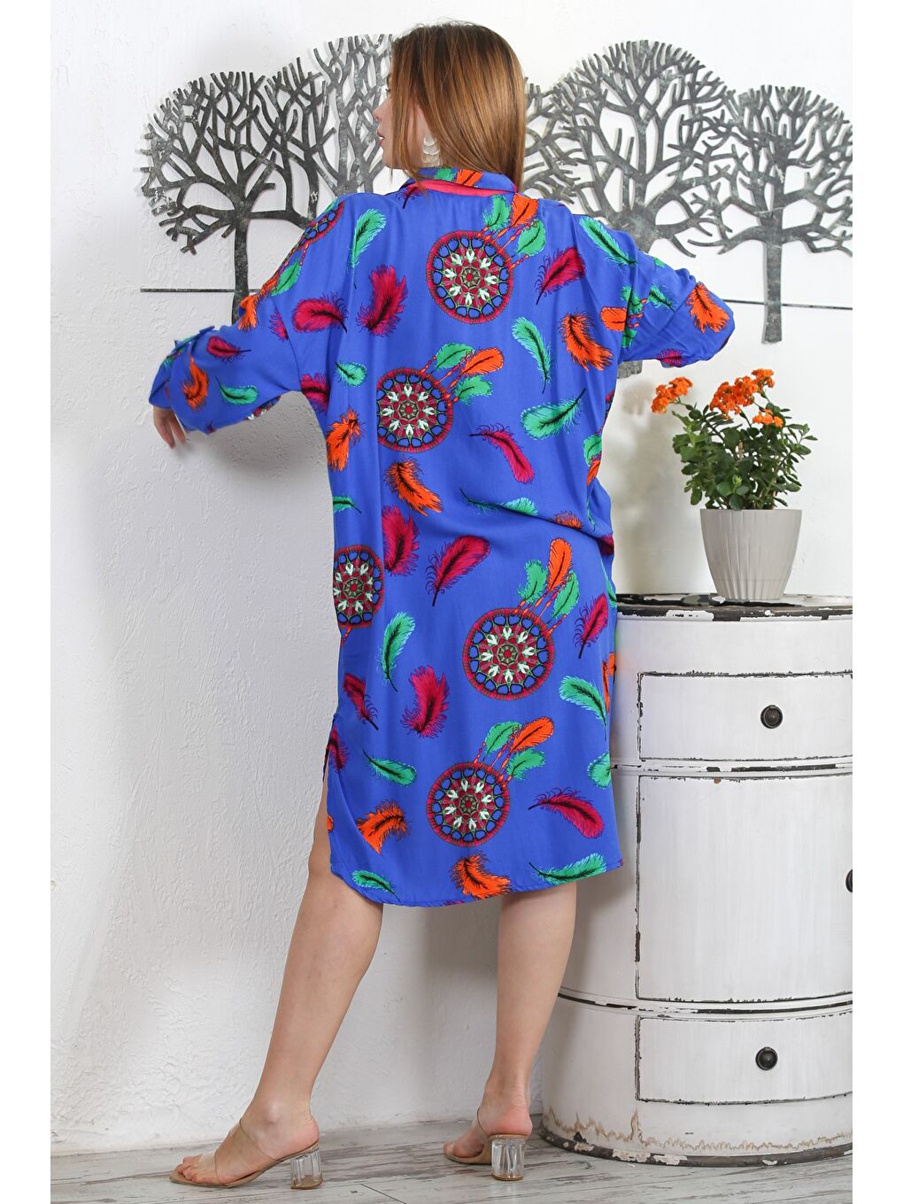 Koyu Mavi Gömlek Yaka Uzun Kol Düğmeli Gizli Cepli Allover Baskılı Dokuma Casual Elbise-6