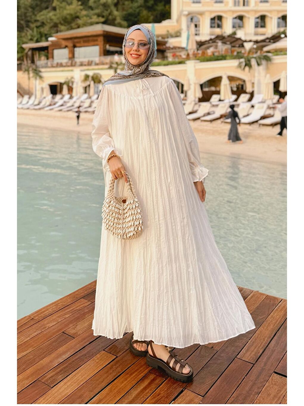 Odri Vual Kraş Uzun Elbise Ekru-6
