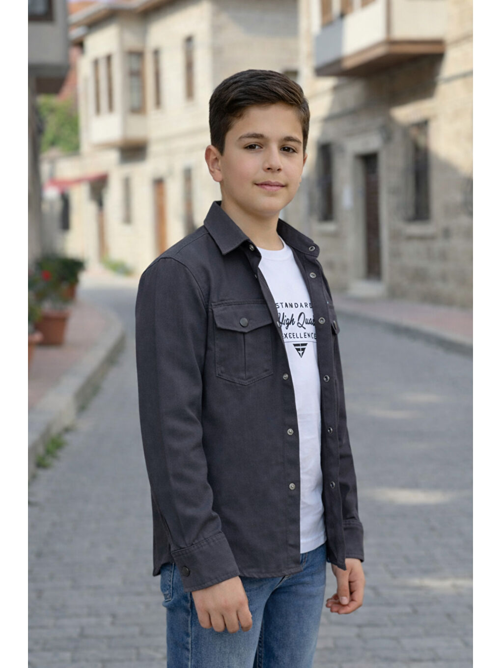 Gri Erkek Çocuk Çıtçıtlı Gömlek Tişört Üst Takım-1