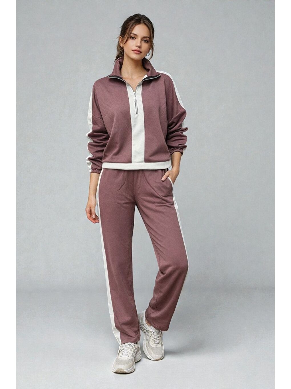 Bej Modal Kumaş Yarım Fermuarlı Şeritli Eşofman Takımı Vizon-4