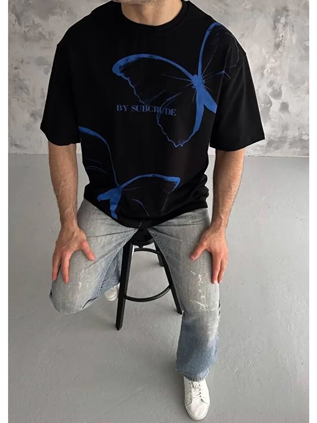 Unisex Bisiklet Yaka Baskılı Oversize T-Shirt - Siyah-2