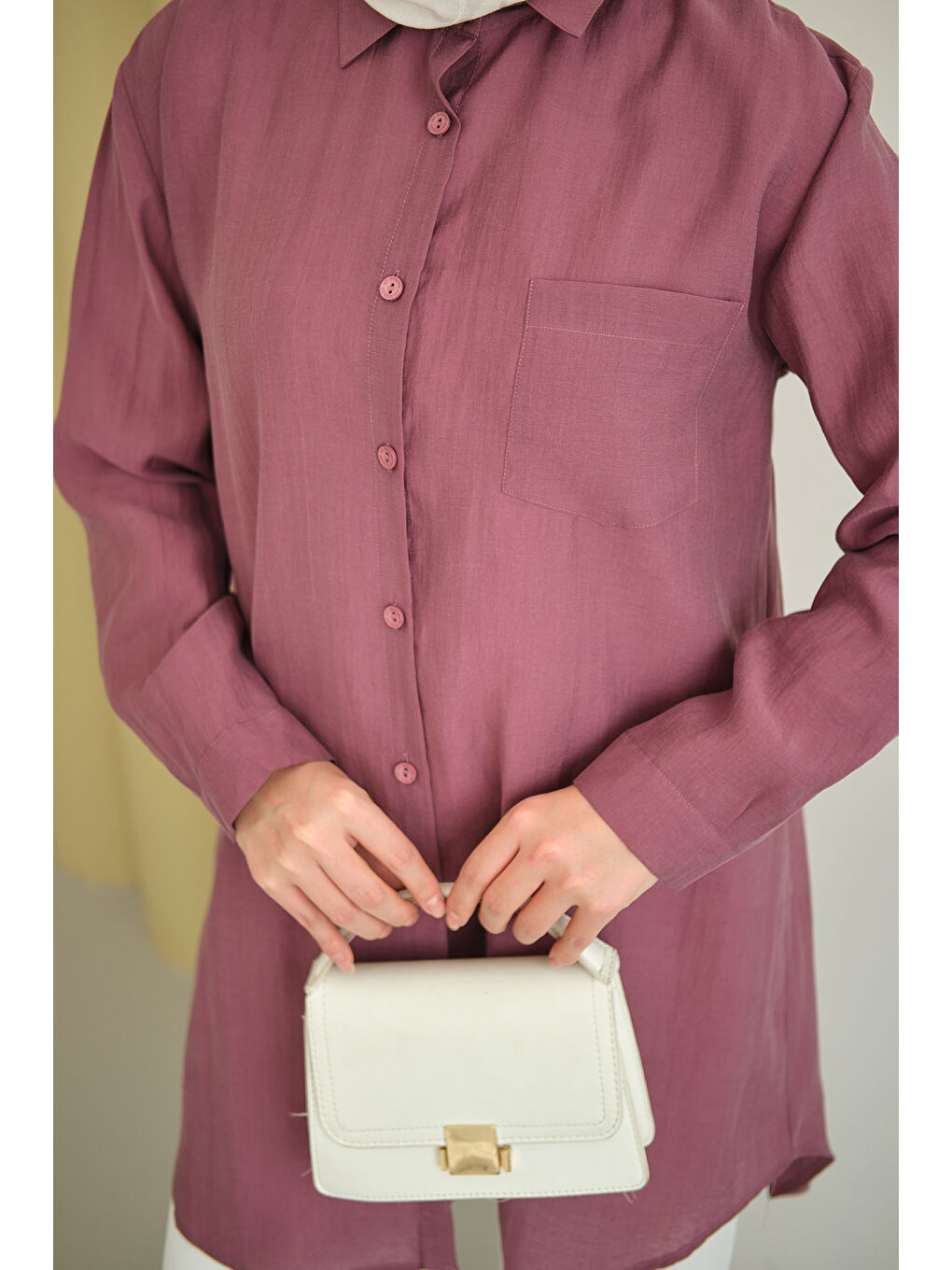 Pembe Kadın Basic Uzun Gömlek Gül Kurusu-4