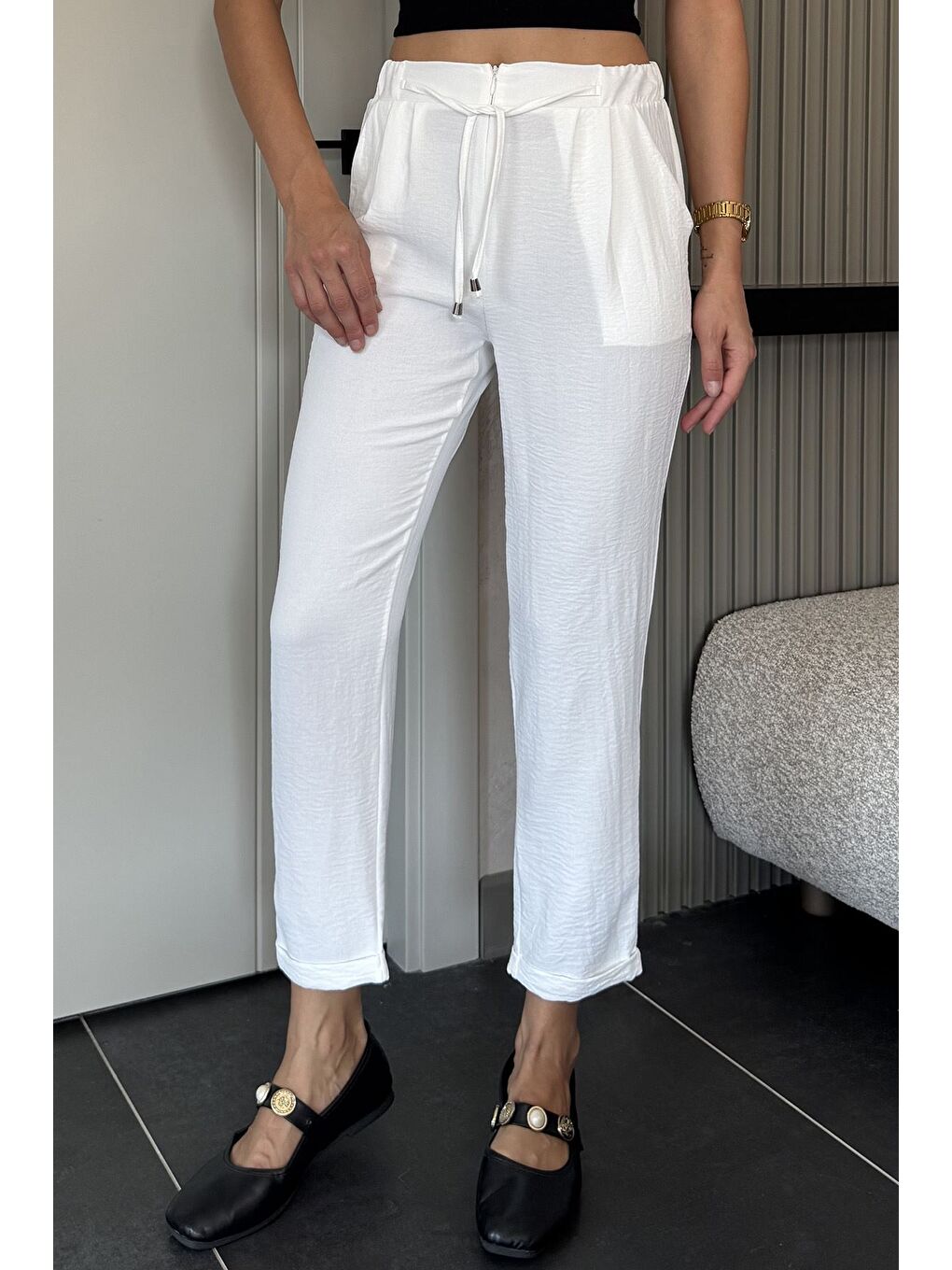 Ekru Bel Lastikli Bağcıklı Pantolon-1
