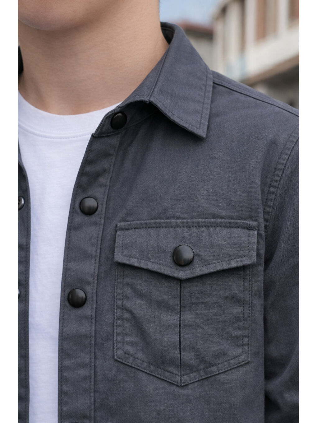 Gri Erkek Çocuk Çıtçıtlı Gömlek Tişört Üst Takım-2