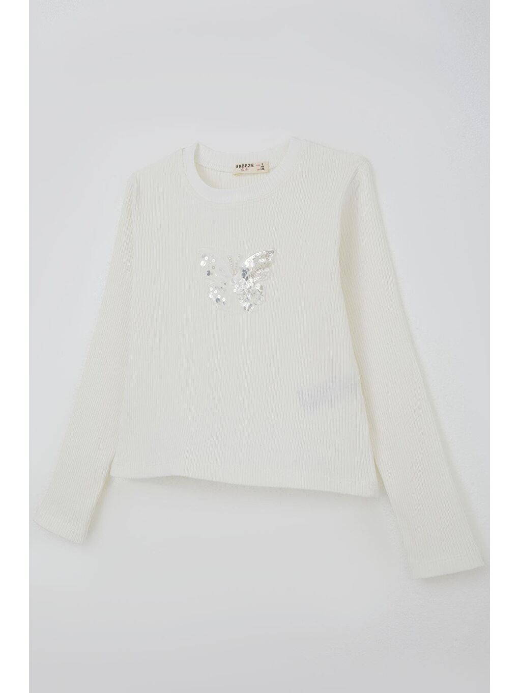 Kız Çocuk Uzun Kollu Tişört Kelebek Arma Detaylı Pullu İncili Ekru (8-14 Yaş)-2