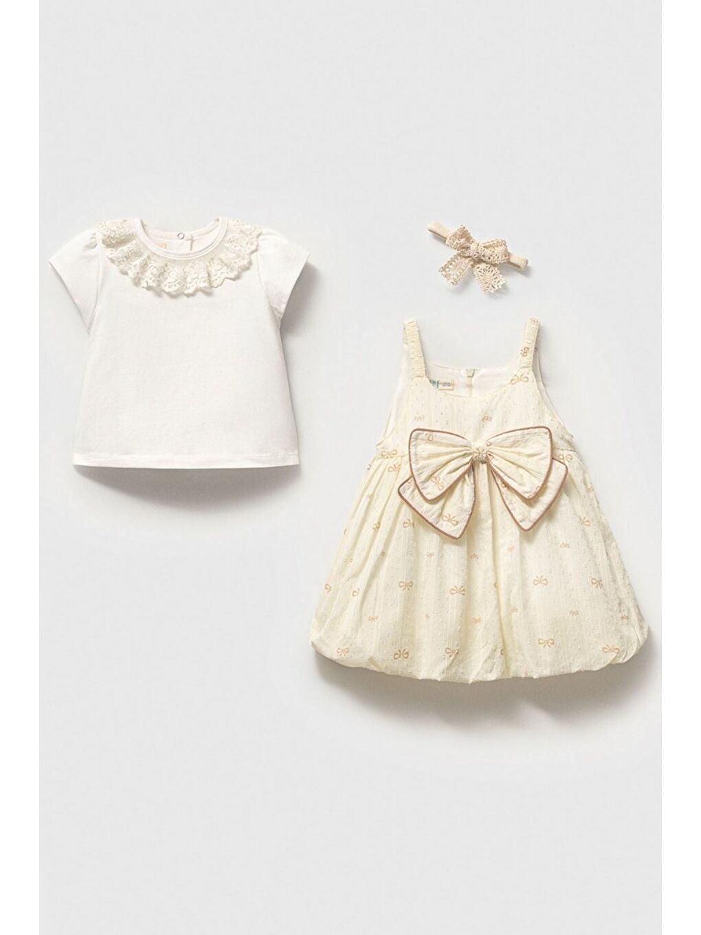 Ekru Vintage Tarz Güpürlü Ve Fiyonklu Bebek Elbise