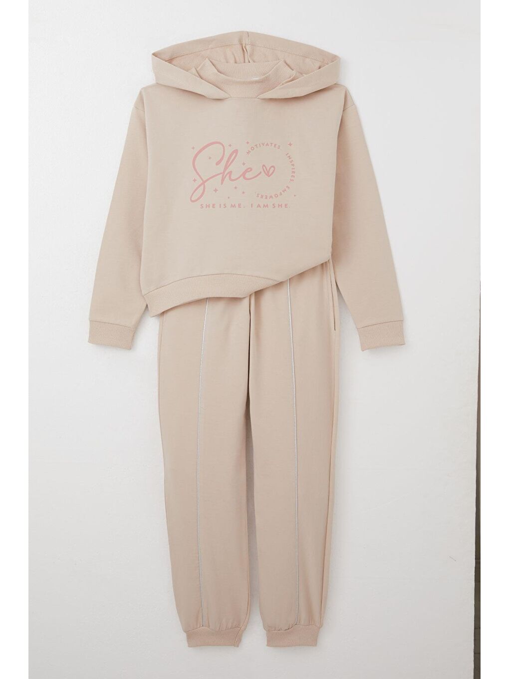 Kız Çoçuk Eşofman Takım Balıkçı Yaka Kapüşonlu Bej (8-12 Yaş)