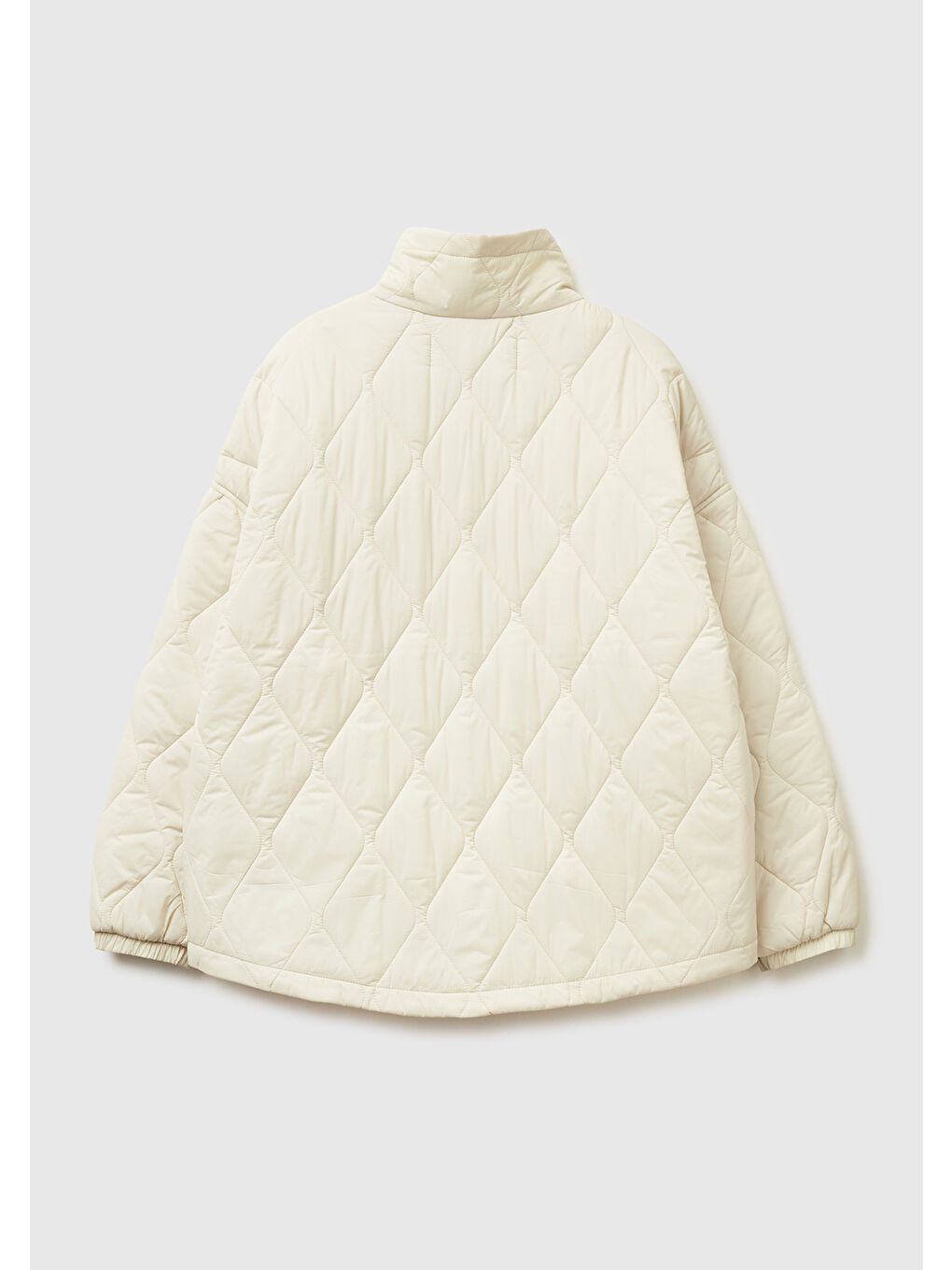 Ekru Kadın Krem Fermuarlı Cepli Dik Yaka Kapitone Mont-3