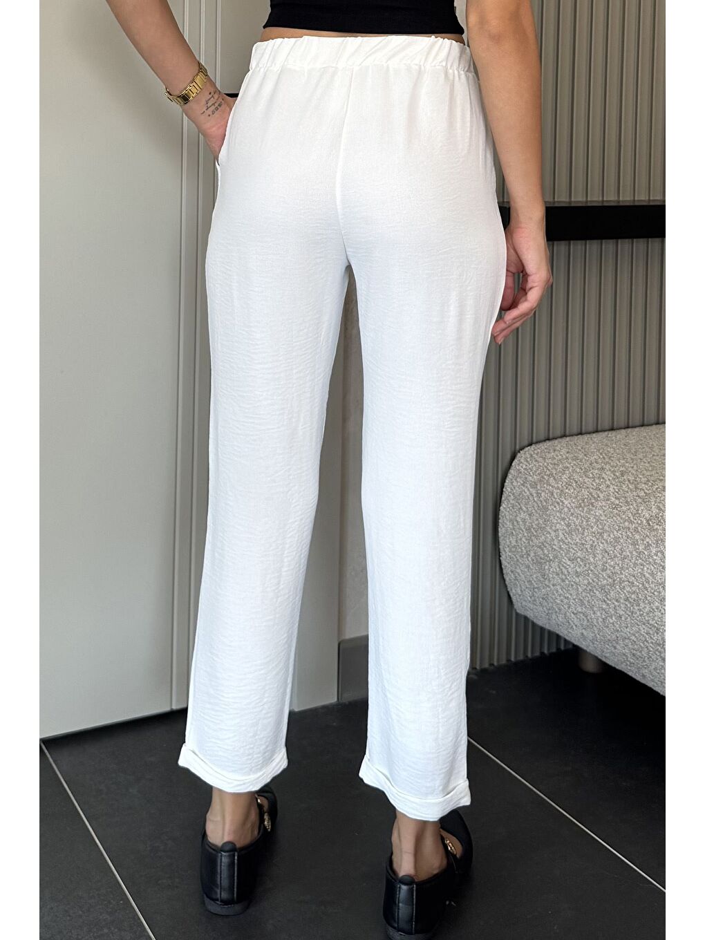 Ekru Bel Lastikli Bağcıklı Pantolon-2