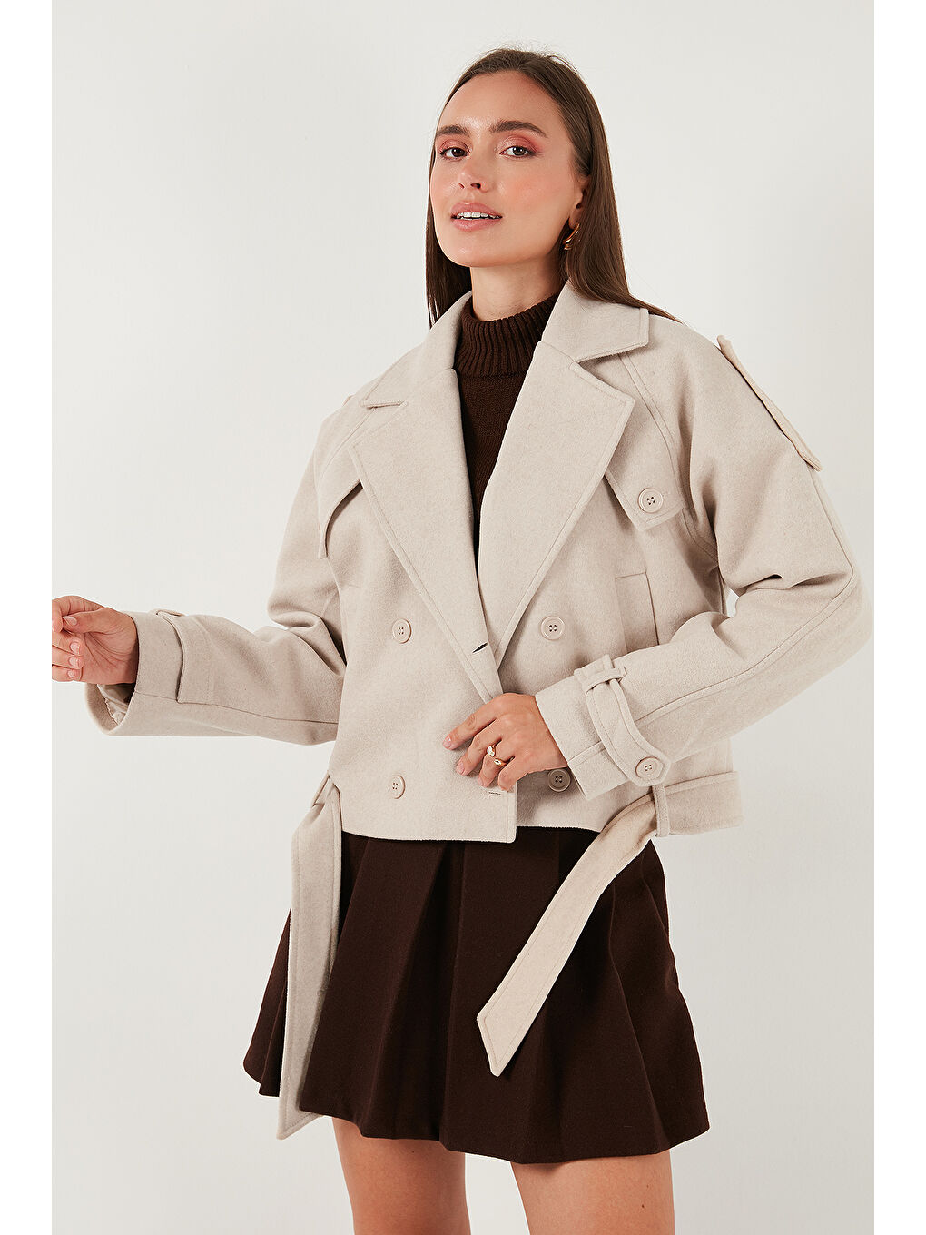 Bej Pamuklu Regular Fit Yumuşak Dokulu Kaşe Kısa Kaban 6810286-3