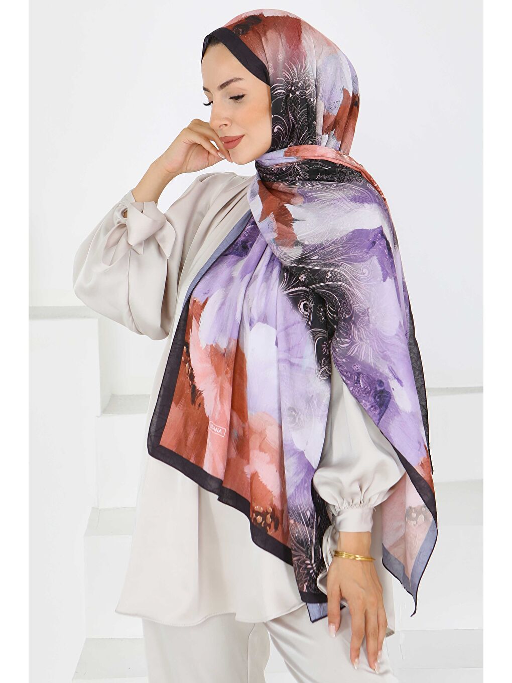 Kıraş Büyük Çiçek Desenli Şal Lila - 27621-1