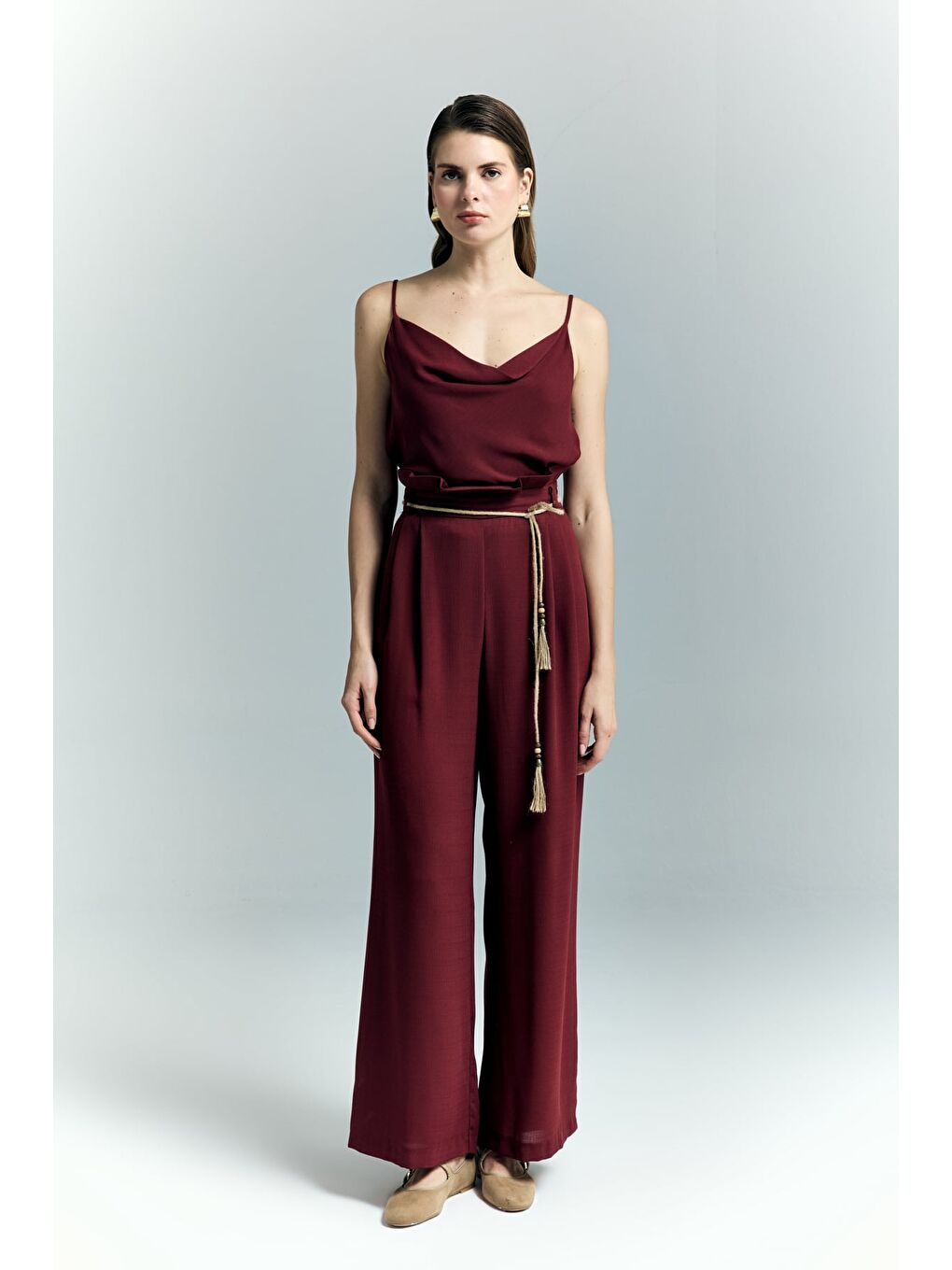 Kemer Detaylı Pantolon - Bordo-1
