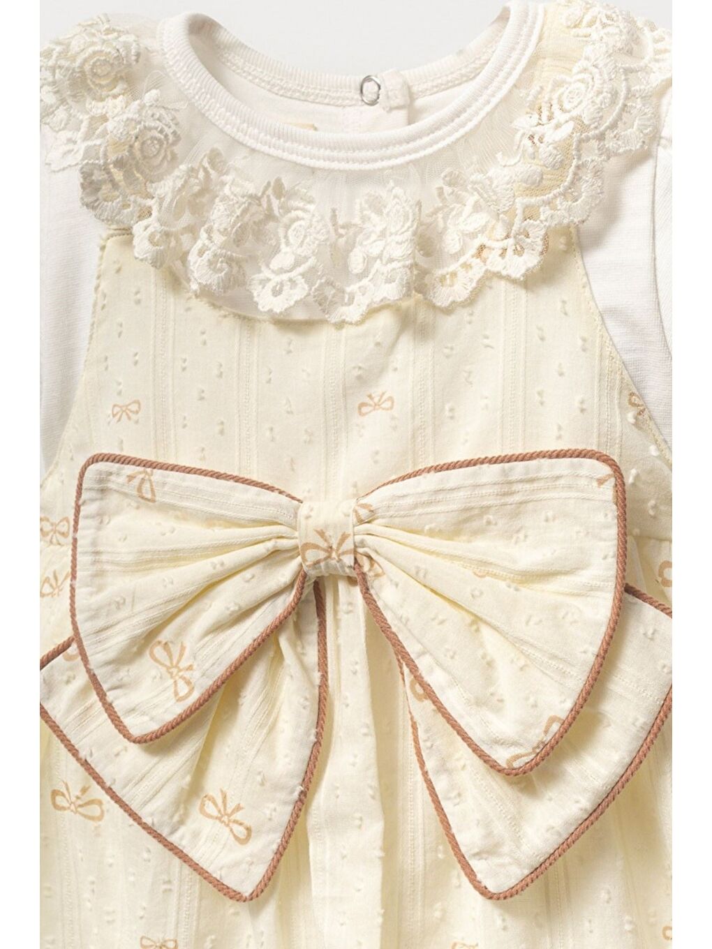 Ekru Vintage Tarz Güpürlü Ve Fiyonklu Bebek Elbise-1