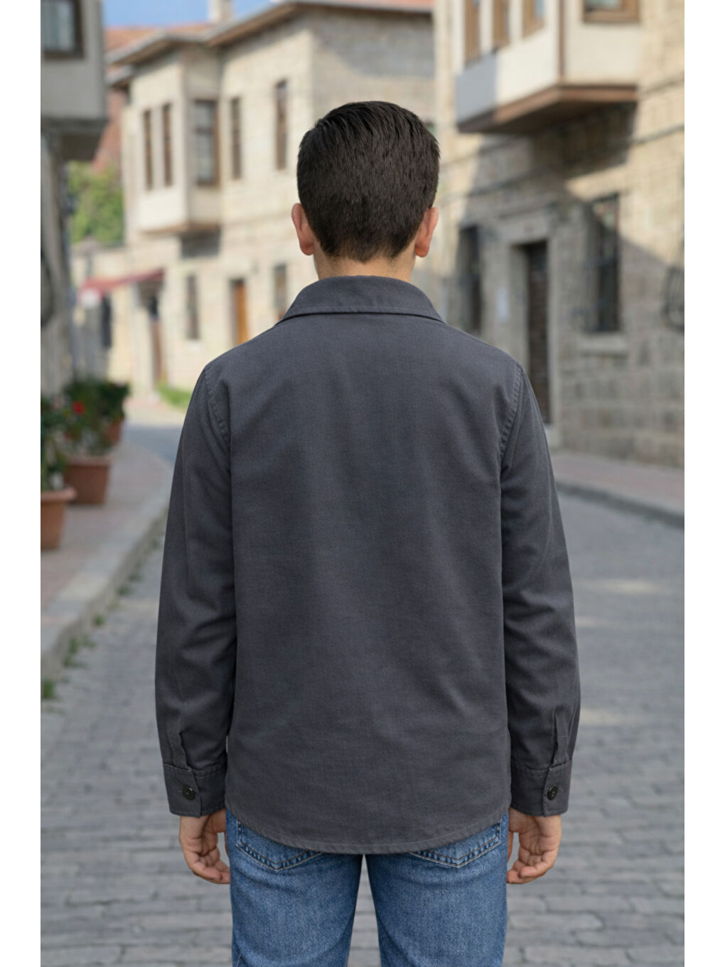 Gri Erkek Çocuk Çıtçıtlı Gömlek Tişört Üst Takım-4