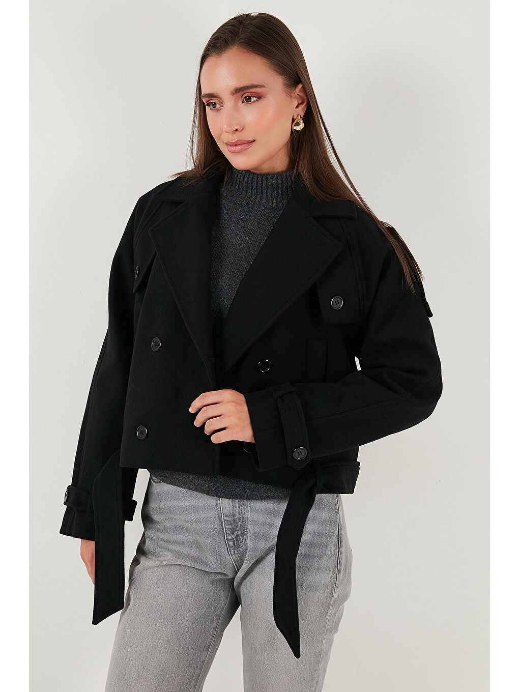 Siyah Pamuklu Regular Fit Yumuşak Dokulu Kaşe Kısa Kaban 6810286-4