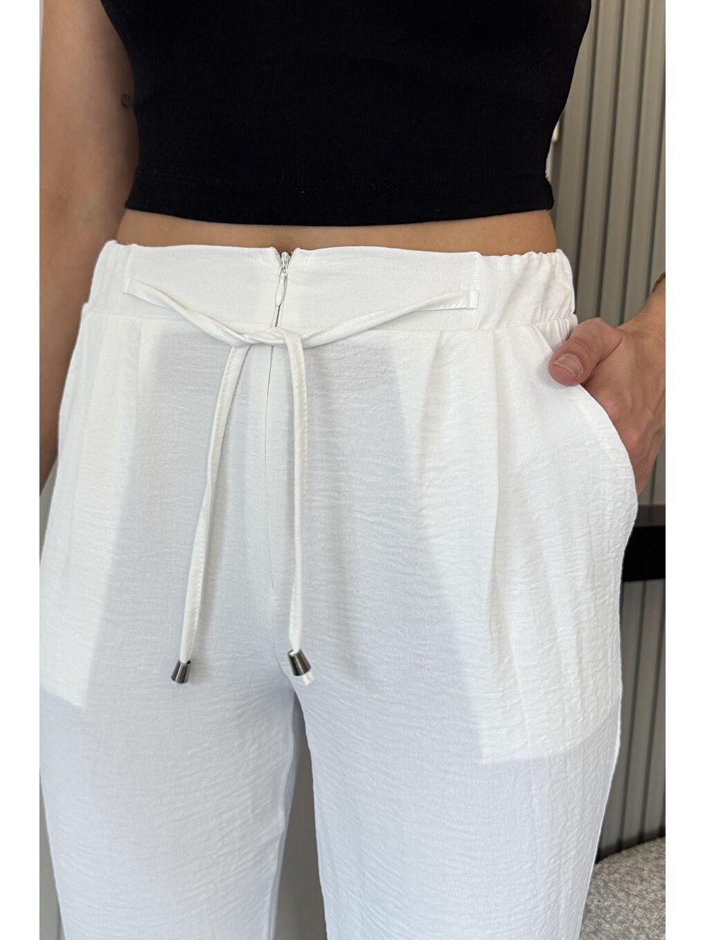 Ekru Bel Lastikli Bağcıklı Pantolon-3