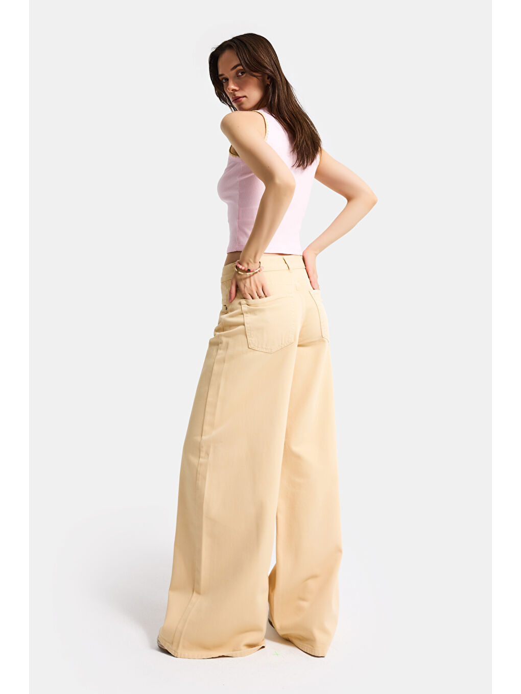 Kadın Bej Hera 6s6-57 Palazzo Fit Bol Kesim Denim Jean-1