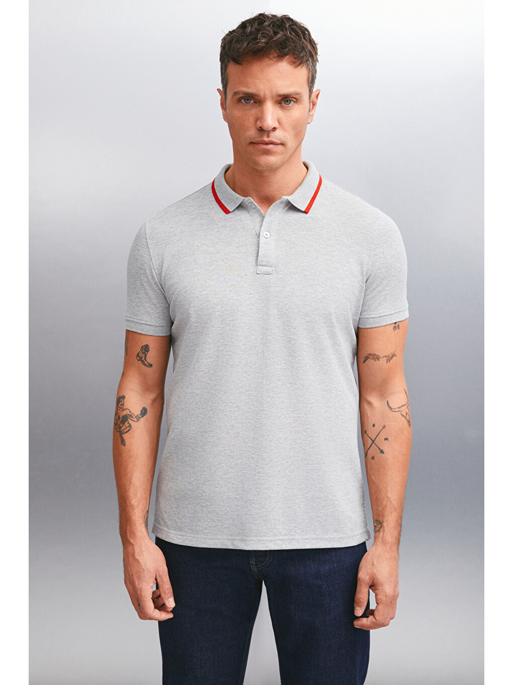 Rhodes Erkek Gri Melanj Polo Yaka T-shirt-3