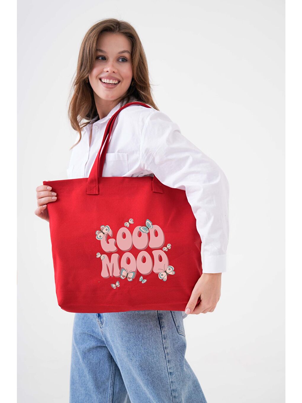 Kırmızı Good Mood Baskılı KIRMIZI Yatay Kanvas Çanta
