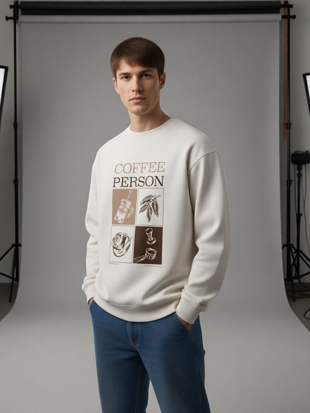 Unisex Erkek Kadın Beyaz Coffee Person Özel Baskılı Bisiklet Yaka Sweatshirt