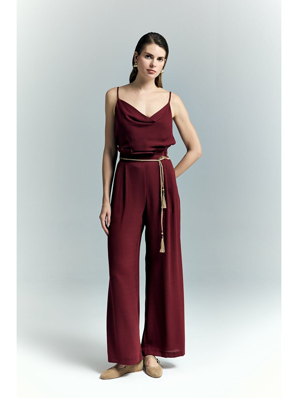 Kemer Detaylı Pantolon - Bordo-2
