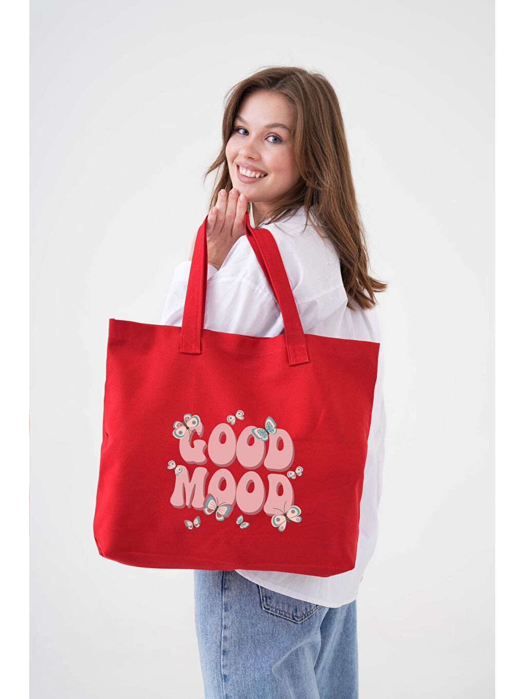 Kırmızı Good Mood Baskılı KIRMIZI Yatay Kanvas Çanta-1