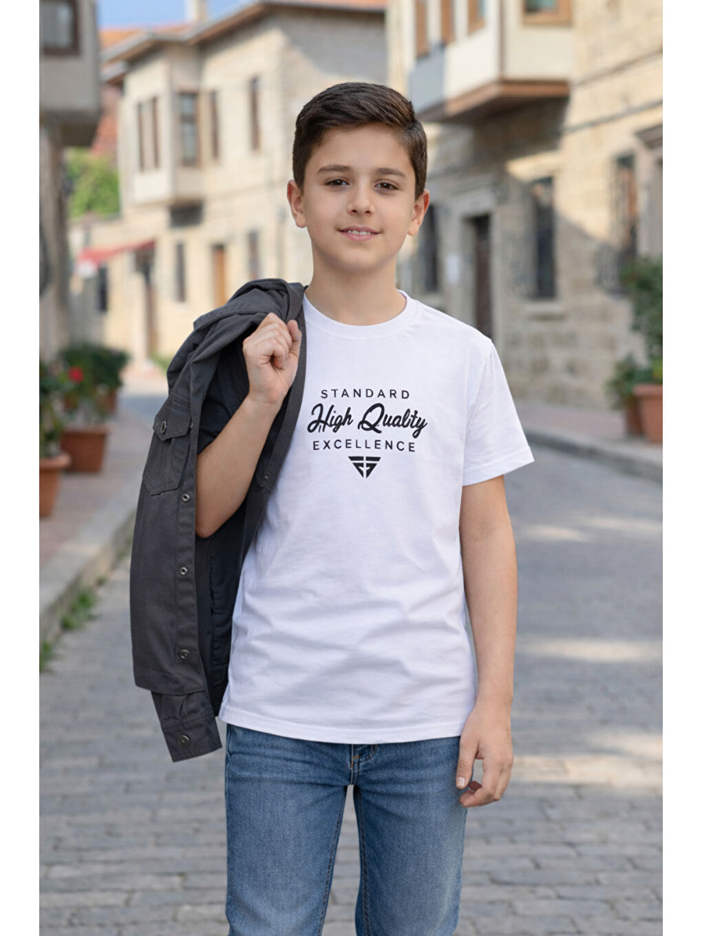 Gri Erkek Çocuk Çıtçıtlı Gömlek Tişört Üst Takım-5