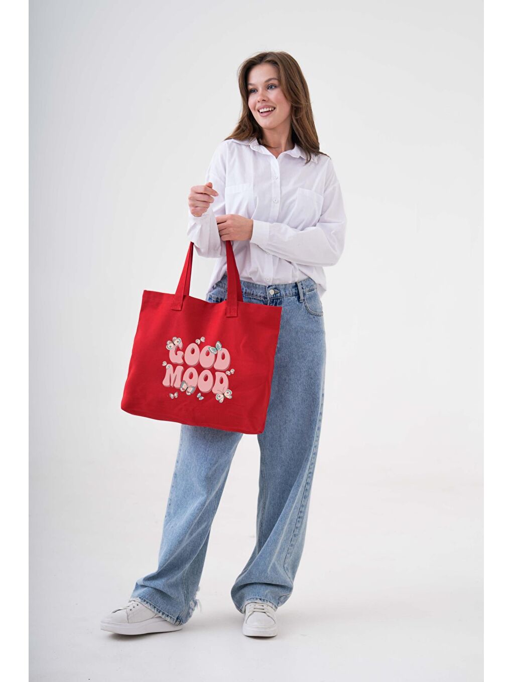 Kırmızı Good Mood Baskılı KIRMIZI Yatay Kanvas Çanta-4