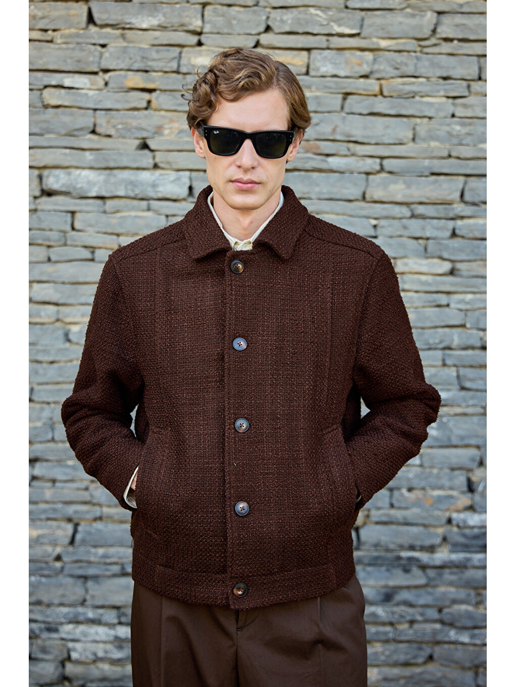 Erkek Tasarım Kumaş Teknik Mont Ceket Kahverengi-2