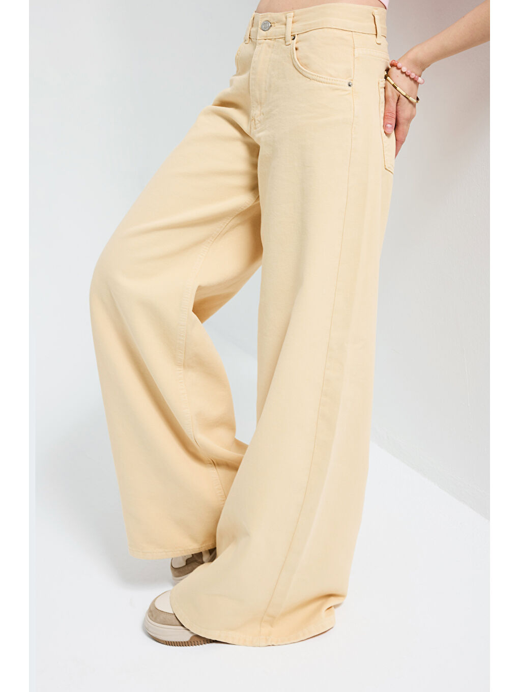Kadın Bej Hera 6s6-57 Palazzo Fit Bol Kesim Denim Jean-2