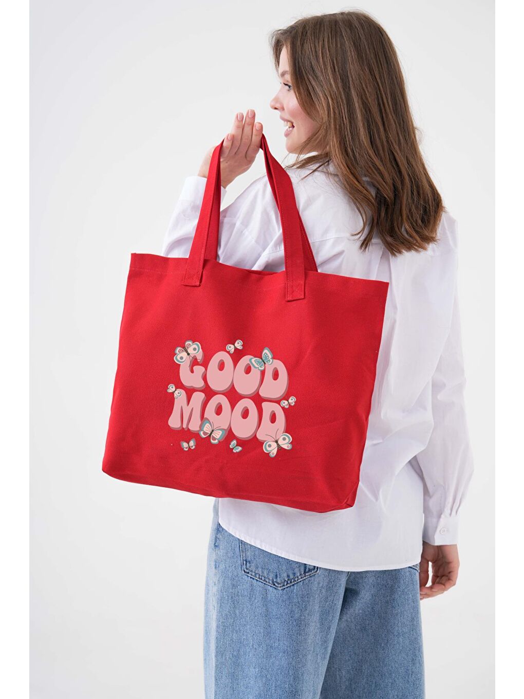Kırmızı Good Mood Baskılı KIRMIZI Yatay Kanvas Çanta-7