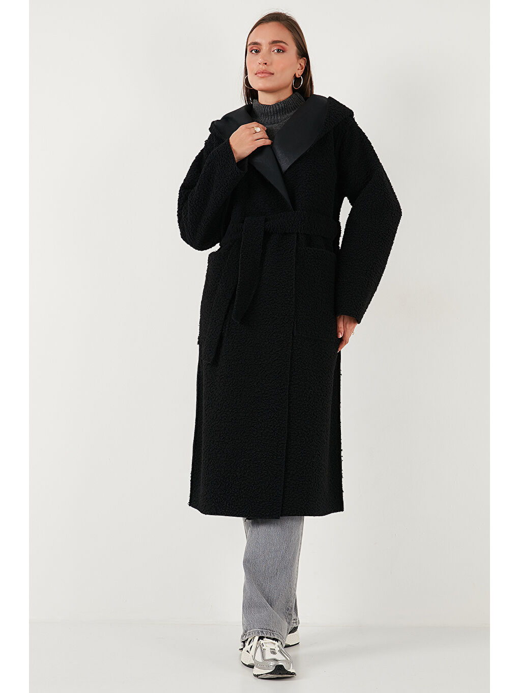 Siyah Çift Taraflı Kapüşonlu Oversize Uzun Kaban 6810295-1